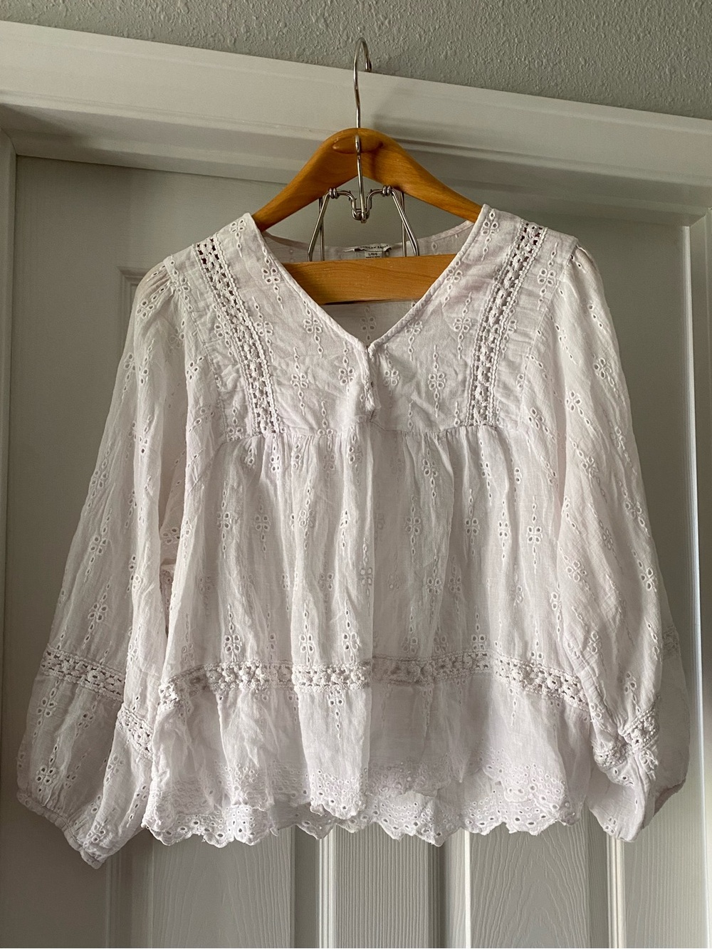 American Eagle Outfitters Cream Eyelet V-Neck Peplum Blouse
